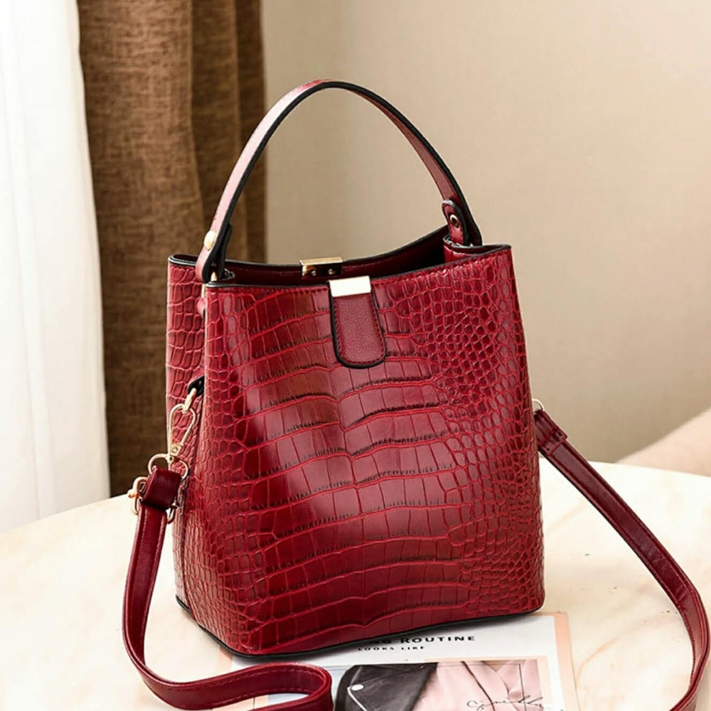 Crocodile pattern bucket leather bag